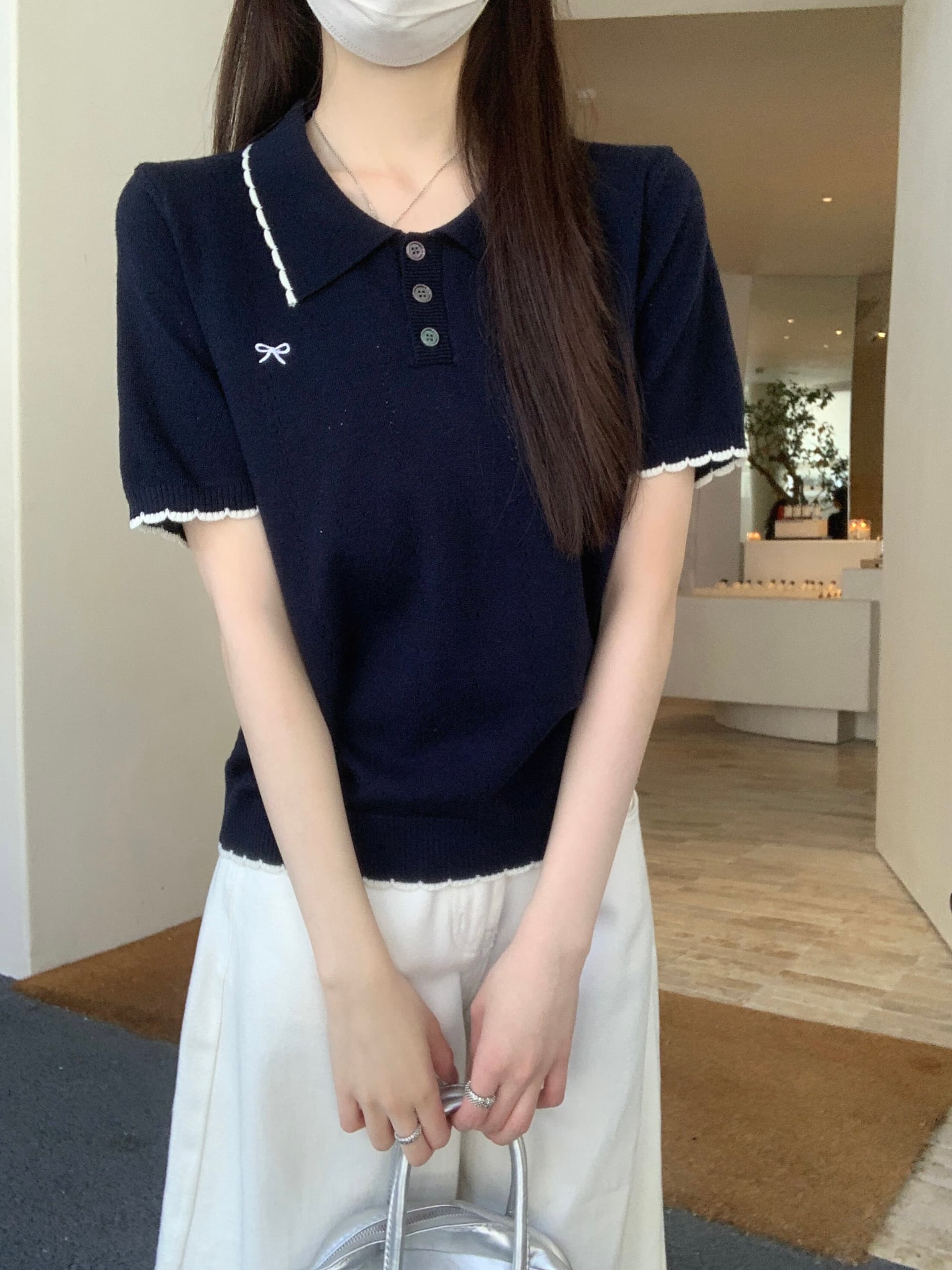 부드러운 POLO 칼라 프릴 반팔 니트 스웨터 여성 2026 여름 새로운 배색 측면 몸매 가꾸기 슬림해 보이는 맨위 트렌디 상세 이미지 11