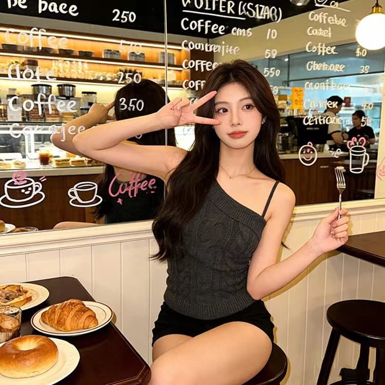 새로운 마 무늬 비스듬한 어깨 니트 쇼트 스타일 허리 수축 캐미솔 레트로 순수한 욕망 바람 외출용 작은 키 품격 상세 이미지 9