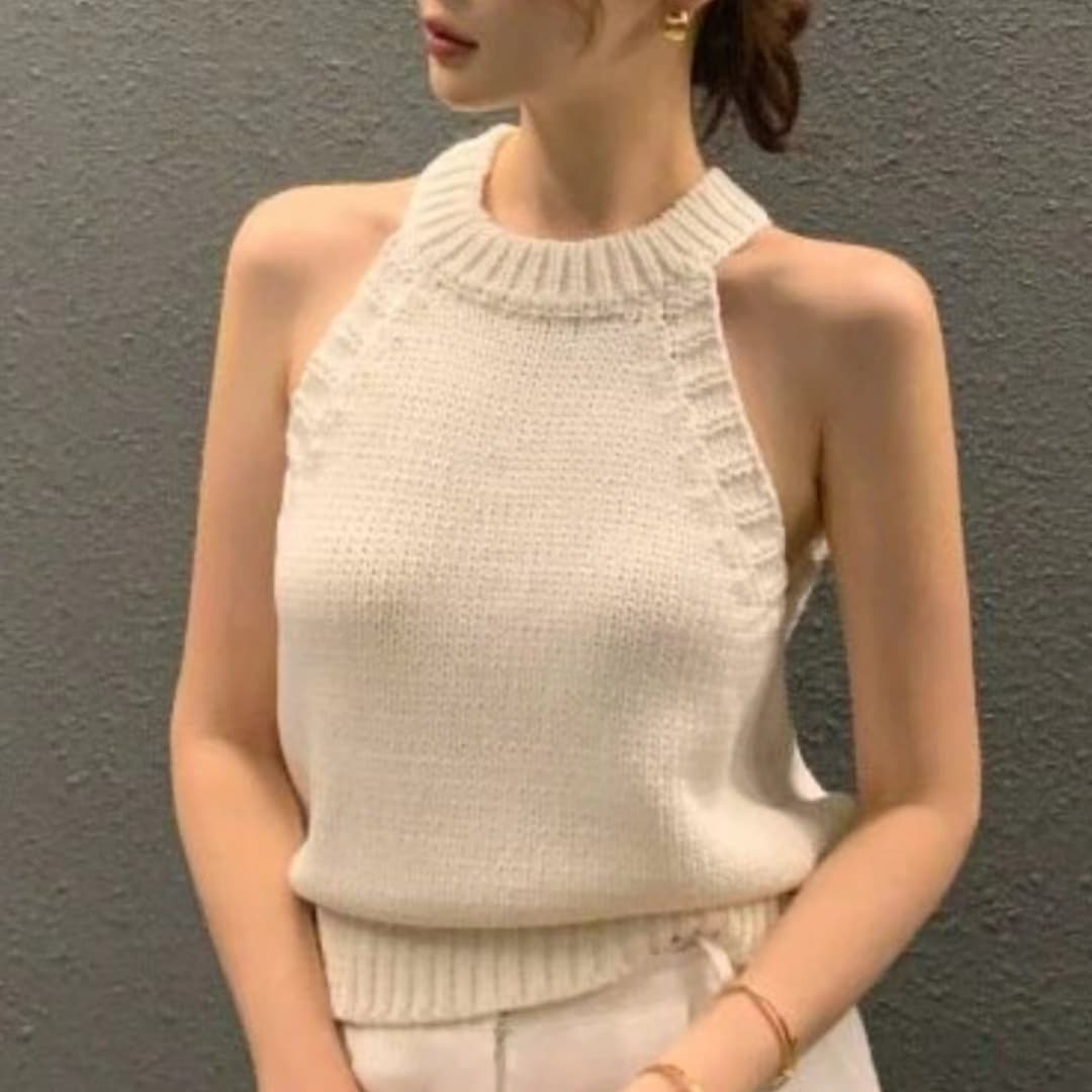 프랑스식 섹시함 행침 목 오프숄더 니트 조끼 여성 2026 여름 화이트 몸매 가꾸기 슬림해 보이는 인사이드 가져 가라. 민소매 맨위 이미지 2
