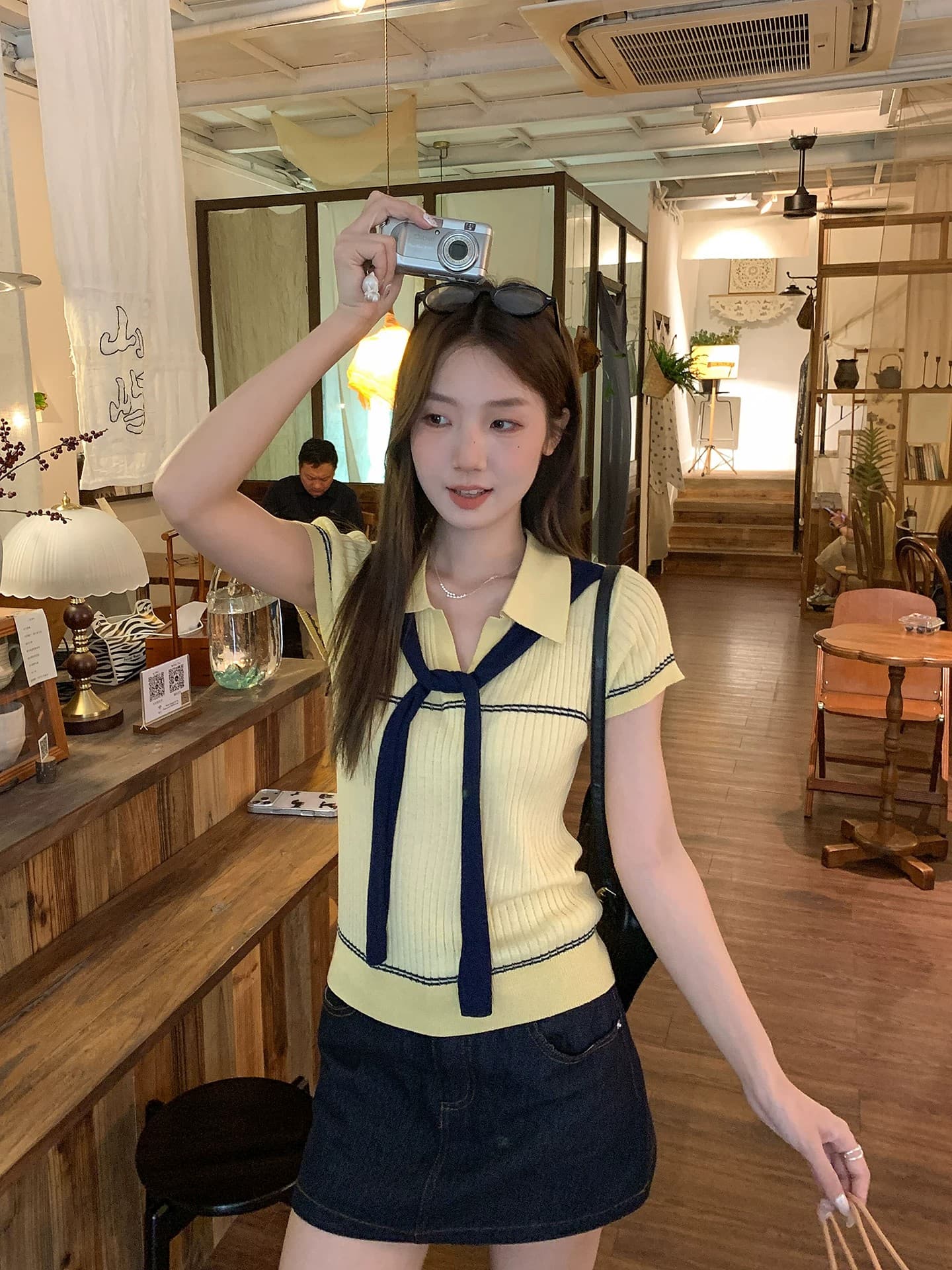 우 77 황색 학원 스타일 배색 숄 POLO 칼라 니트 맨위 여성 한 부서 몸매 가꾸기 다용도 반팔 티셔츠 여름 상세 이미지 9