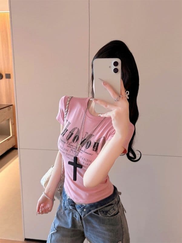 거리 달콤한 매운맛 chic 알파벳 프린트 반팔 긍정적 인 어깨 티셔츠 여성 여름 몸매 가꾸기 쇼트 스타일 맨위 상세 이미지 10