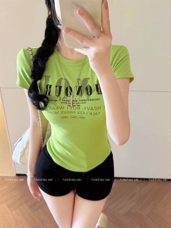 거리 달콤한 매운맛 chic 알파벳 프린트 반팔 긍정적 인 어깨 티셔츠 여성 여름 몸매 가꾸기 쇼트 스타일 맨위 상세 이미지 14