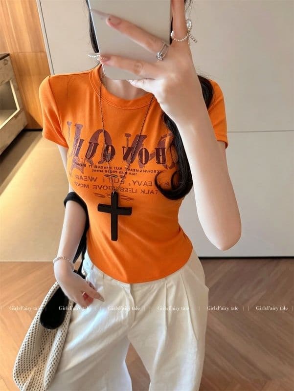 거리 달콤한 매운맛 chic 알파벳 프린트 반팔 긍정적 인 어깨 티셔츠 여성 여름 몸매 가꾸기 쇼트 스타일 맨위 상세 이미지 18