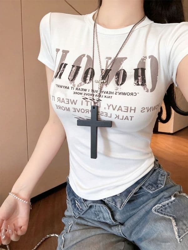 거리 달콤한 매운맛 chic 알파벳 프린트 반팔 긍정적 인 어깨 티셔츠 여성 여름 몸매 가꾸기 쇼트 스타일 맨위 상세 이미지 19