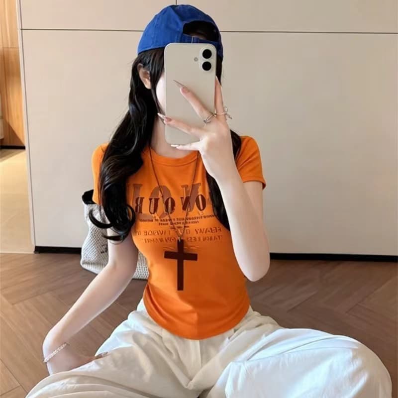 거리 달콤한 매운맛 chic 알파벳 프린트 반팔 긍정적 인 어깨 티셔츠 여성 여름 몸매 가꾸기 쇼트 스타일 맨위 상세 이미지 33
