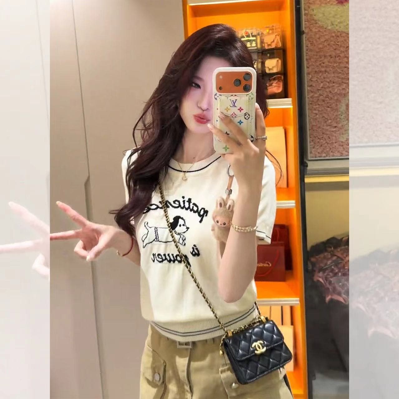 한 부서 살구 색상 강아지 자카드 니트 반팔 티셔츠 여성 여름 얇은 스타일 작은 키 몸매 가꾸기 슬림해 보이는 쇼트 스타일 맨위 상세 이미지 18