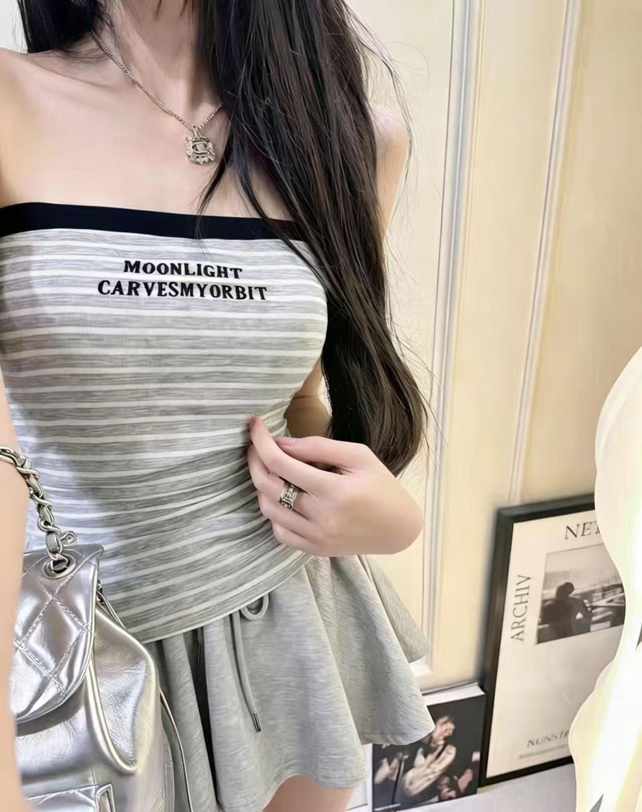 한 부서 다용도 작은 대중 패치워크 색상 자수 스트라이프 오프숄더 허리 수축 튜브탑 조끼 여성 외출용 민소매 쇼트 스타일 맨위 상세 이미지 7