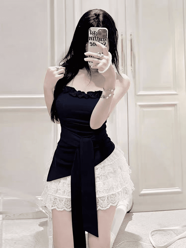 한 부서 부드러운 바람 레이스 튜브탑 조끼 여성 여름 순수한 욕망 디자인 센스 슬림해 보이는 다용도 불규칙 스트랩 맨위 상세 이미지 8