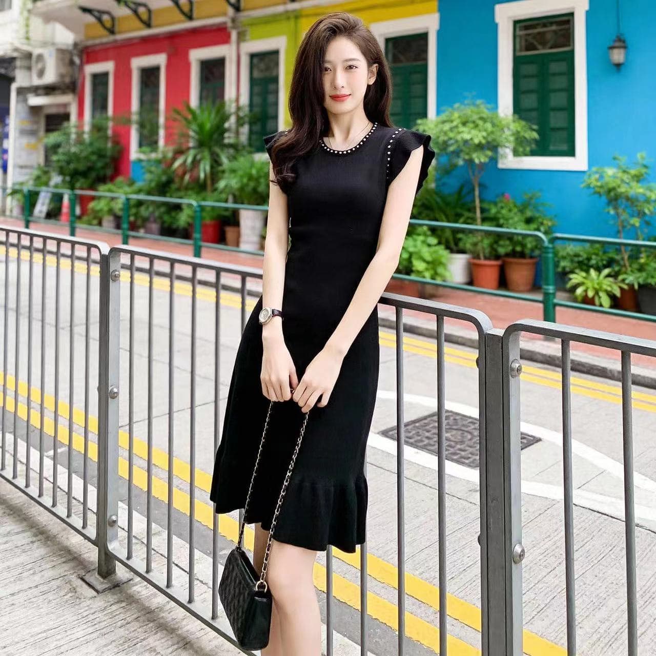 그는 벤 바람 검정색 인어 꼬리 스커트 여성 여름 새로운 품격 명문 여성 작은 샤넬 스타일 우아함 민소매 얼음 실크 니트 드레스 상세 이미지 3