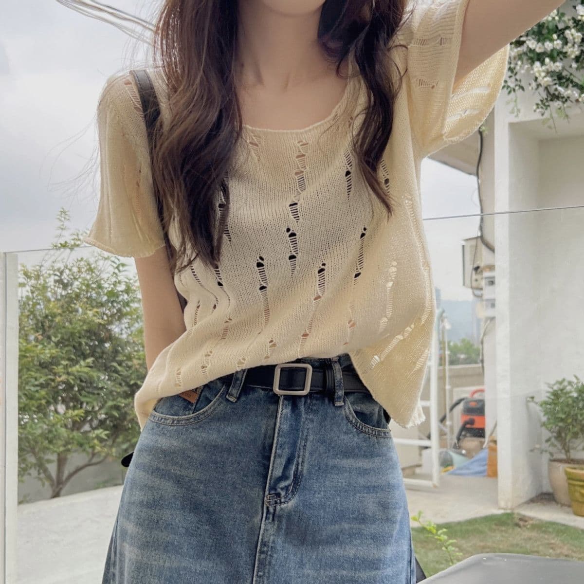 디자인 센스 작은 대중 홀로우 아웃 찢어진 부분 표지 고기 니트 스웨터 여성 여름 루즈핏 얇은 스타일 외부 가져 가라. Chic 반팔 맨위 트렌디 상세 이미지 22