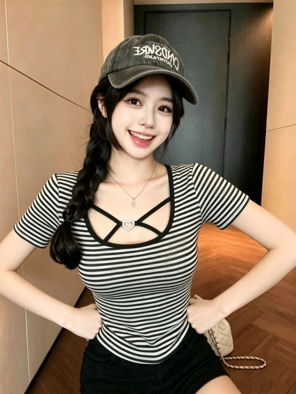섹시함 홀로우 아웃 십자가 광장 칼라 반팔 티셔츠 여성 여름 새로운 핫걸 바람 몸매 가꾸기 슬림해 보이는 고유 한 아름다운 맨위 상세 이미지 17