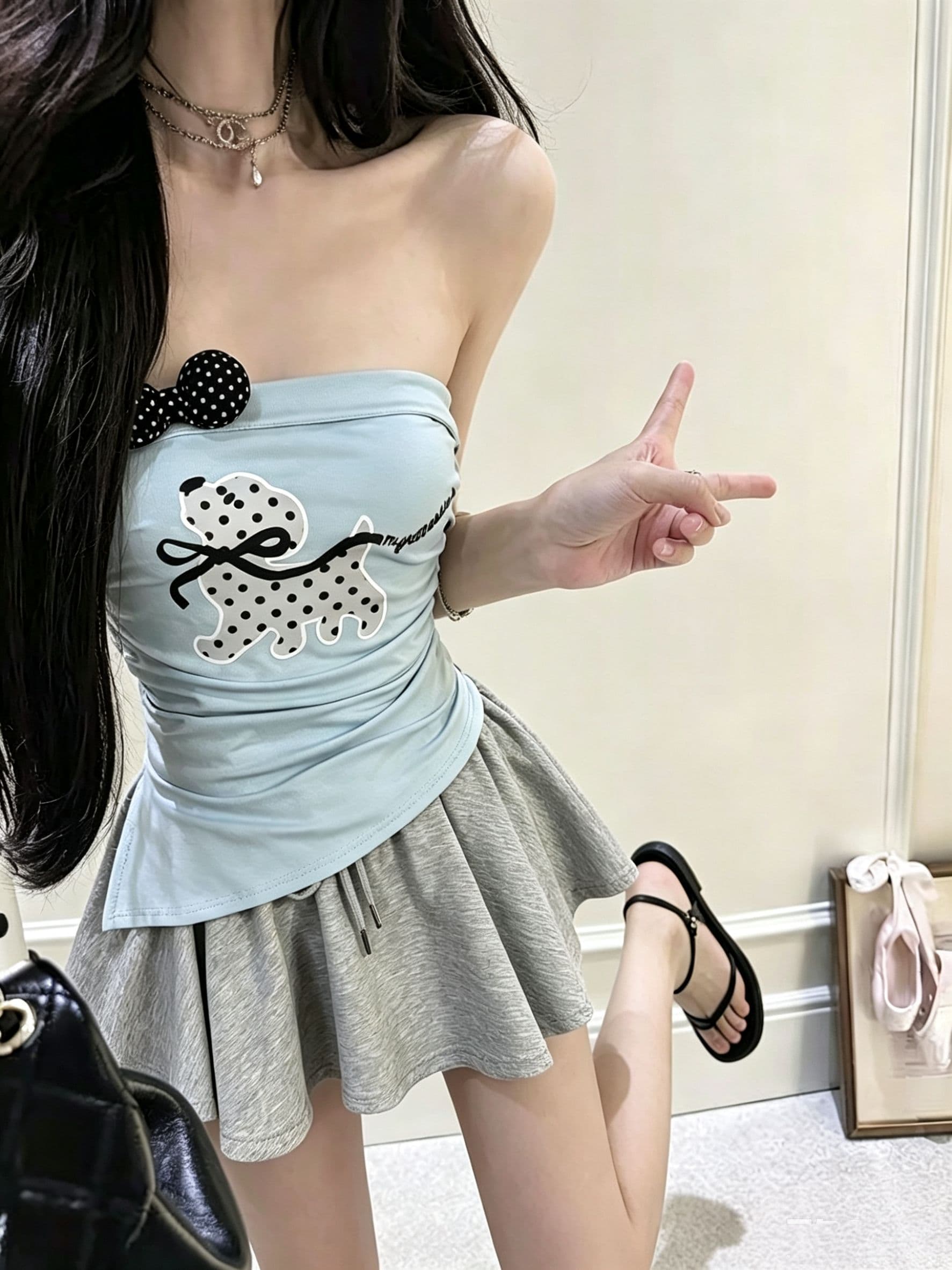 한 부서 달콤함 도트 무늬 나비 넥타이 오프숄더 반팔 티셔츠 여성 여름 벨트 가슴 패드 디자인 센스 맨위 상세 이미지 7