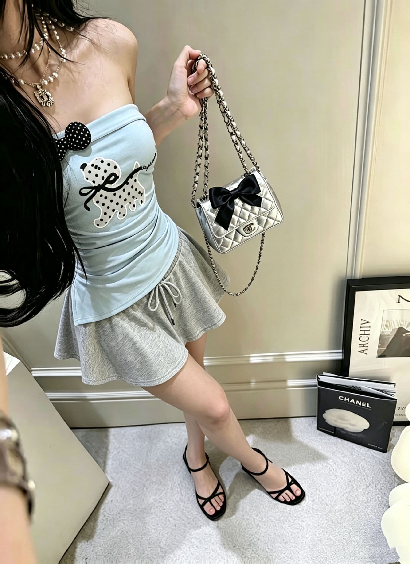 한 부서 달콤함 도트 무늬 나비 넥타이 오프숄더 반팔 티셔츠 여성 여름 벨트 가슴 패드 디자인 센스 맨위 상세 이미지 8