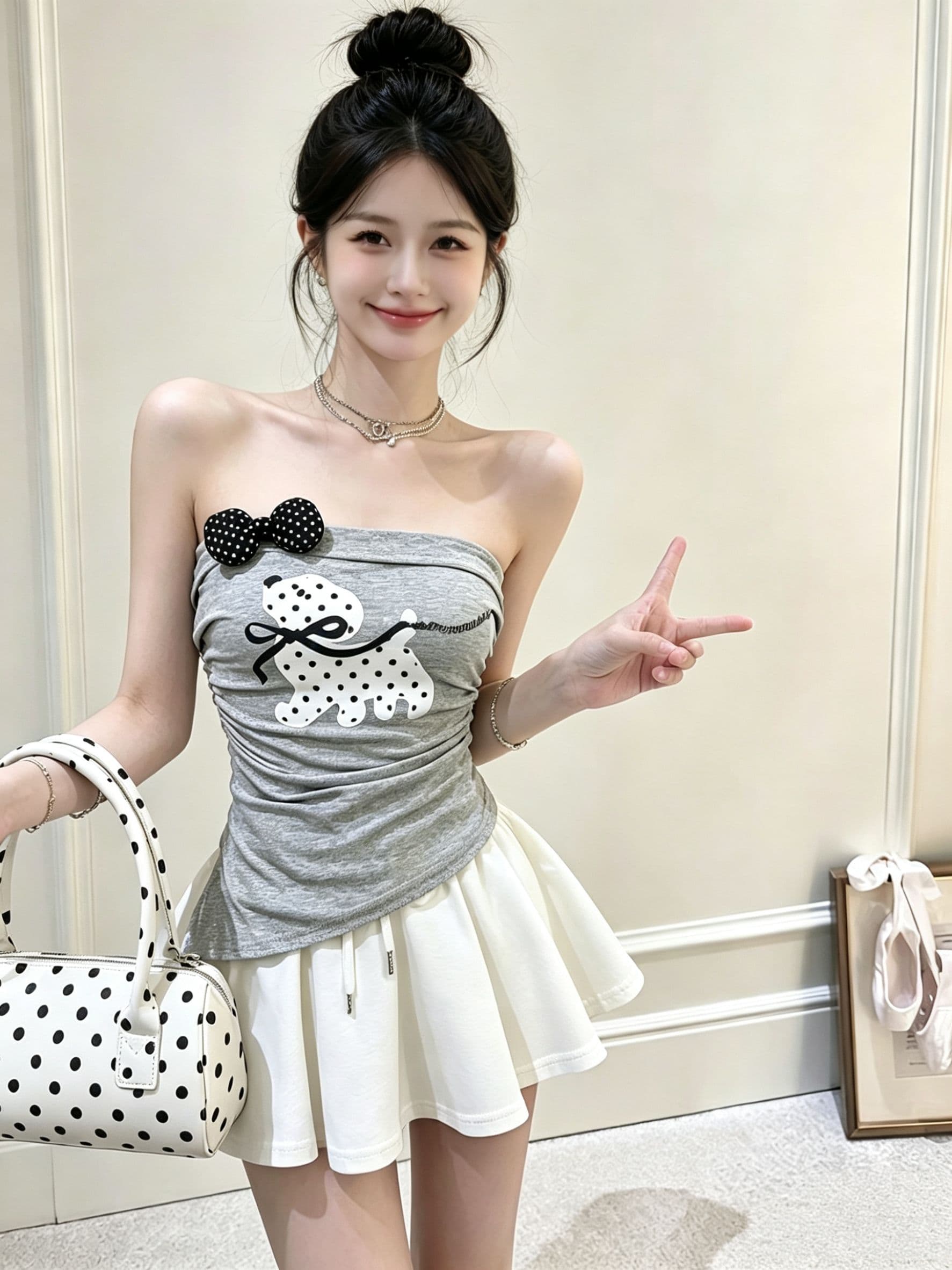 한 부서 달콤함 도트 무늬 나비 넥타이 오프숄더 반팔 티셔츠 여성 여름 벨트 가슴 패드 디자인 센스 맨위 상세 이미지 11