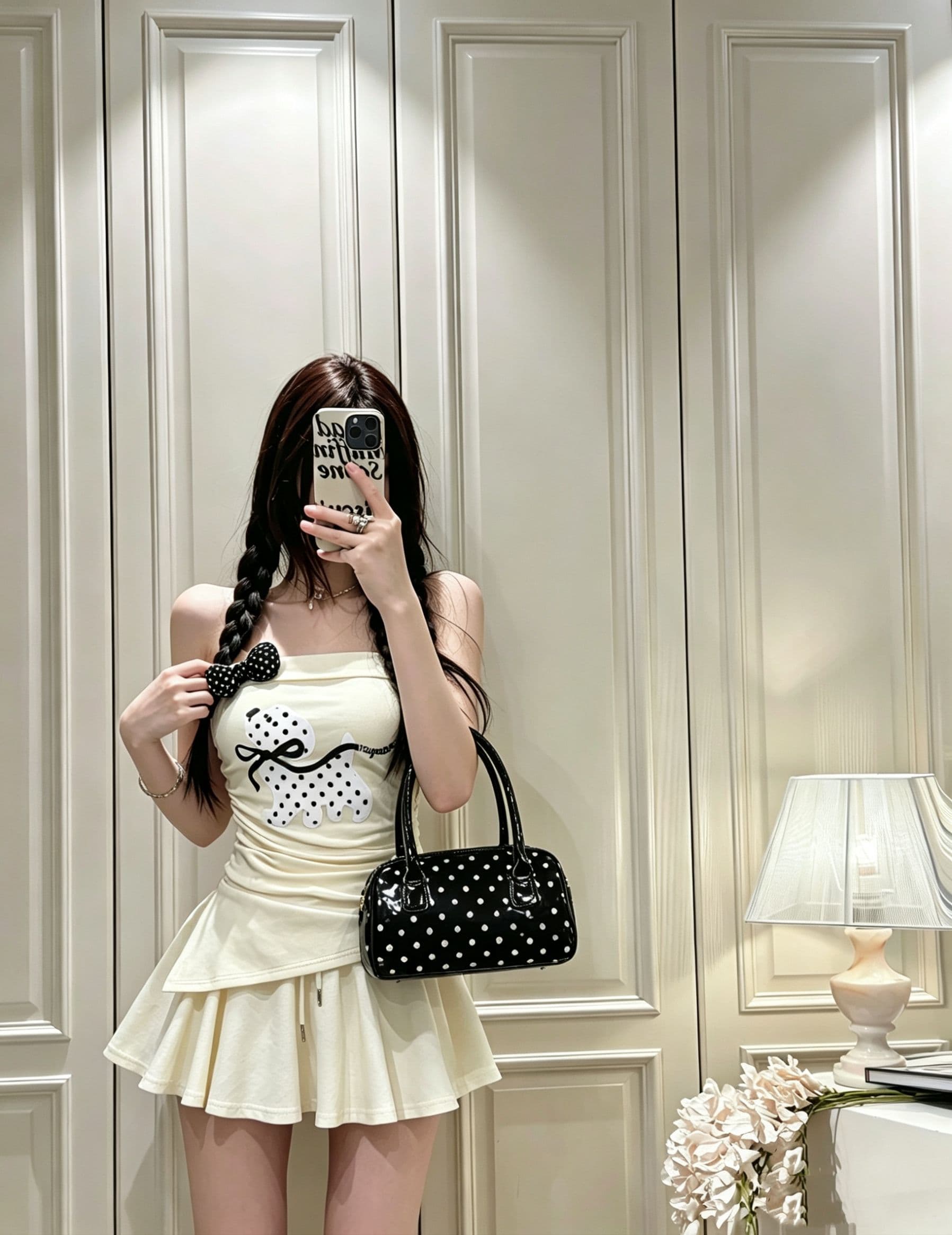 한 부서 달콤함 도트 무늬 나비 넥타이 오프숄더 반팔 티셔츠 여성 여름 벨트 가슴 패드 디자인 센스 맨위 상세 이미지 15