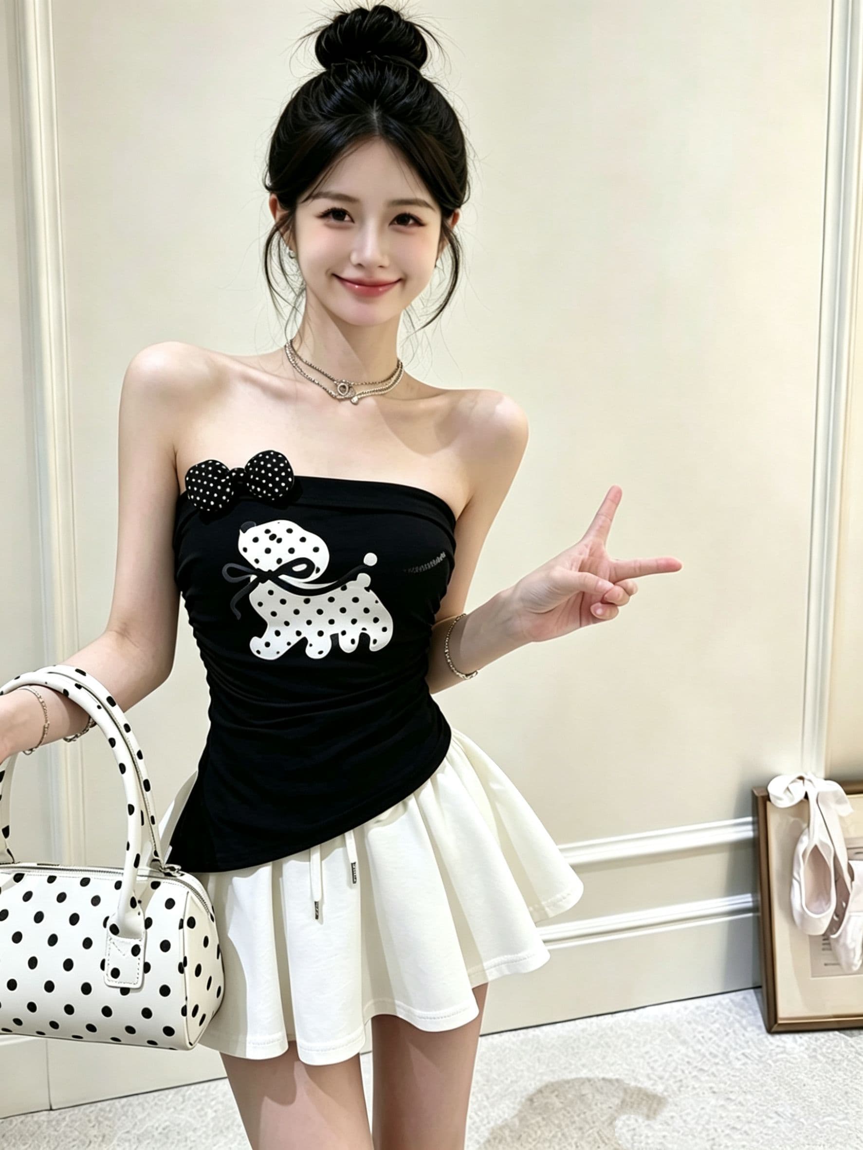 한 부서 달콤함 도트 무늬 나비 넥타이 오프숄더 반팔 티셔츠 여성 여름 벨트 가슴 패드 디자인 센스 맨위 상세 이미지 20
