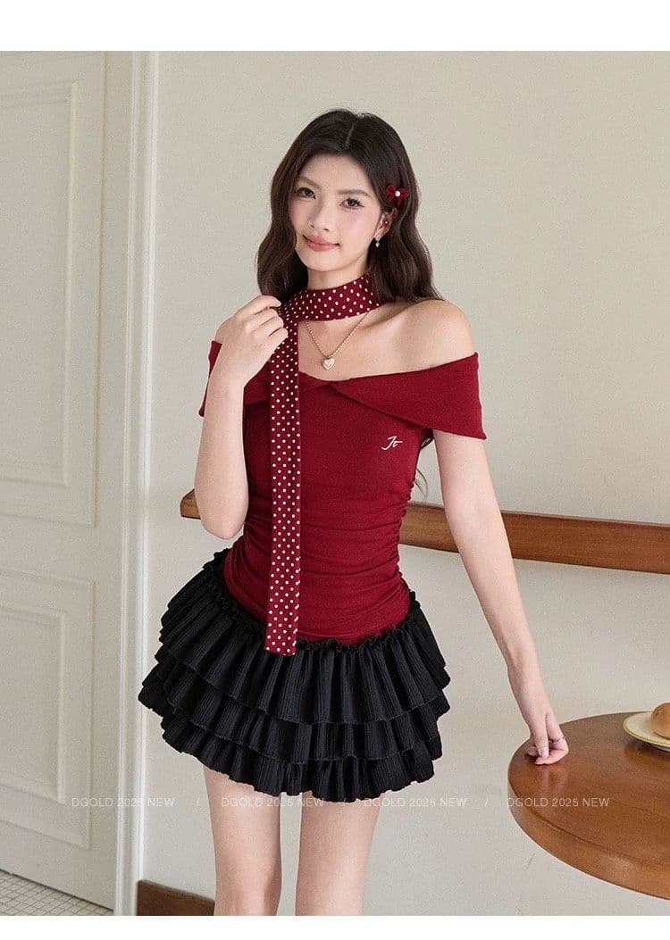 한 부서 품격 티셔츠 여성 여름 행침 목 넥타이 회색 오프숄더 반팔 몸매 가꾸기 벨트 가슴 패드 슬림해 보이는 맨위 상세 이미지 14