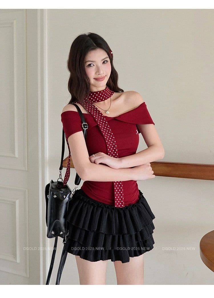 한 부서 품격 티셔츠 여성 여름 행침 목 넥타이 회색 오프숄더 반팔 몸매 가꾸기 벨트 가슴 패드 슬림해 보이는 맨위 상세 이미지 19