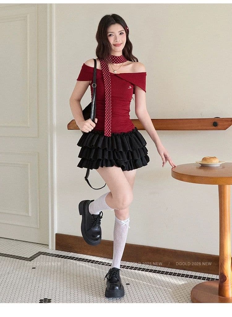 한 부서 품격 티셔츠 여성 여름 행침 목 넥타이 회색 오프숄더 반팔 몸매 가꾸기 벨트 가슴 패드 슬림해 보이는 맨위 상세 이미지 20