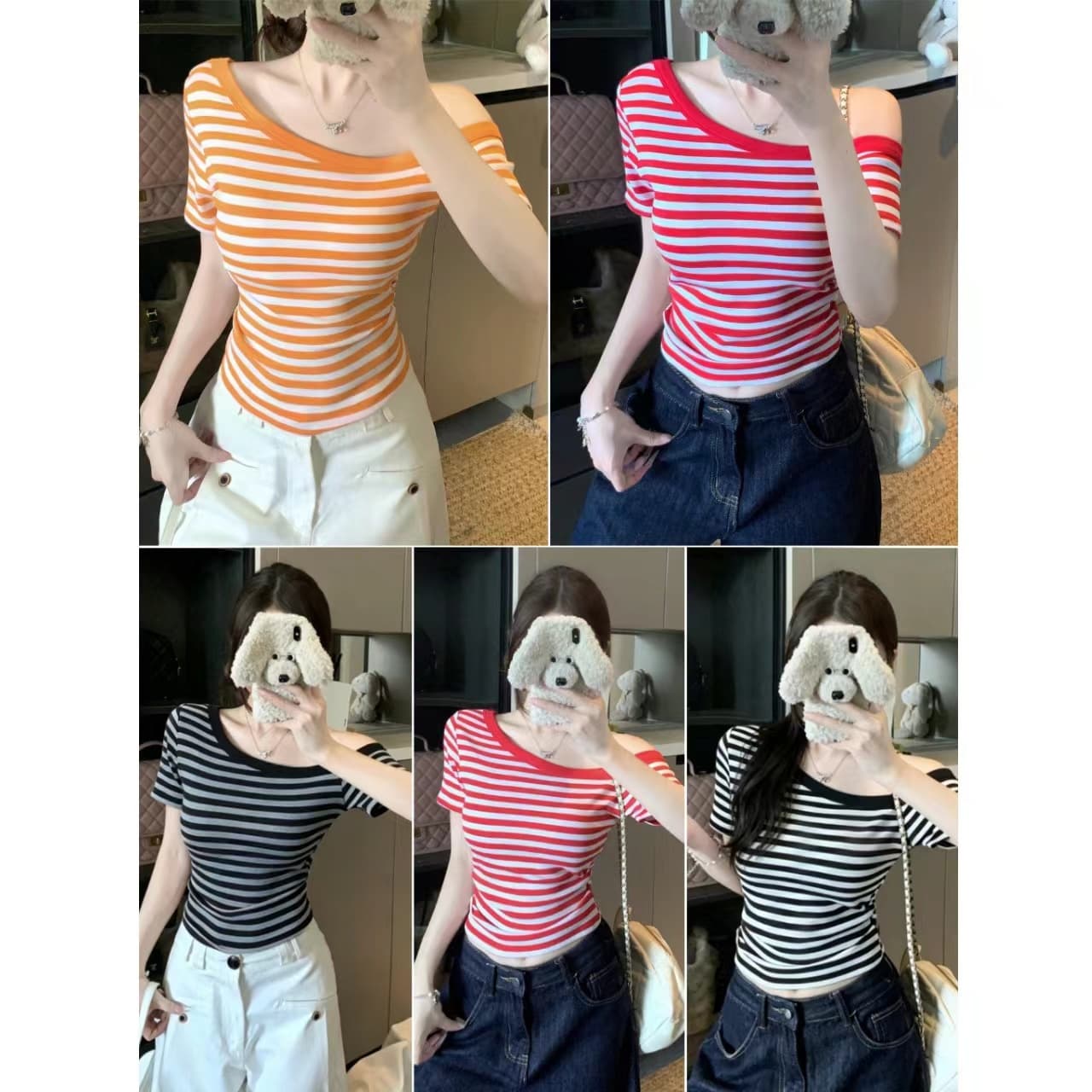 비스듬한 어깨 스트라이프 반팔 티셔츠 여성 2026 여름 새로운 몸매 가꾸기 슬림해 보이는 ins Chic 작은 대중 오프숄더 인사이드 잡아라. 의류