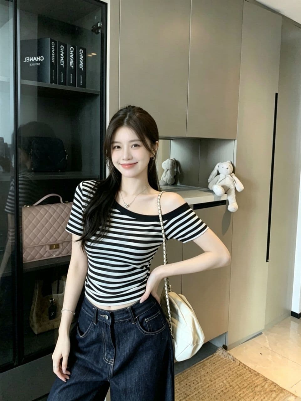비스듬한 어깨 스트라이프 반팔 티셔츠 여성 2026 여름 새로운 몸매 가꾸기 슬림해 보이는 ins Chic 작은 대중 오프숄더 인사이드 잡아라. 의류 상세 이미지 13
