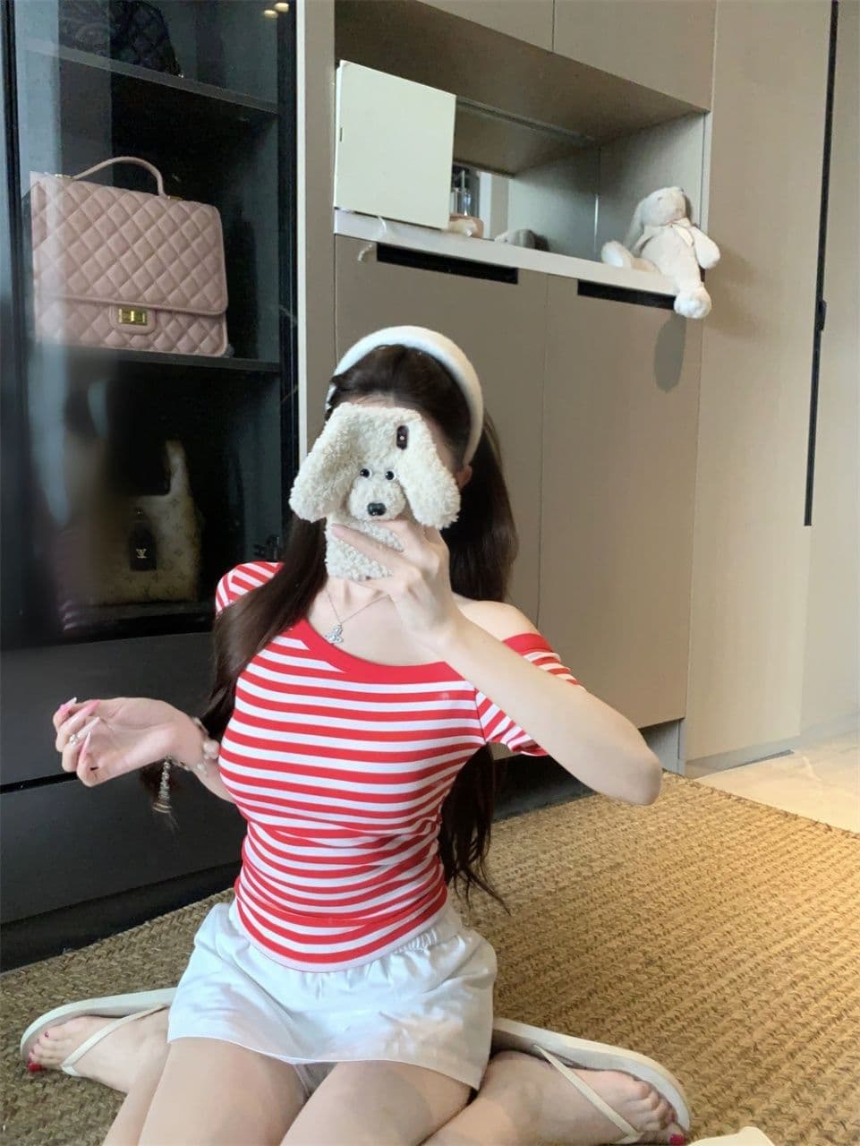 비스듬한 어깨 스트라이프 반팔 티셔츠 여성 2026 여름 새로운 몸매 가꾸기 슬림해 보이는 ins Chic 작은 대중 오프숄더 인사이드 잡아라. 의류 상세 이미지 20