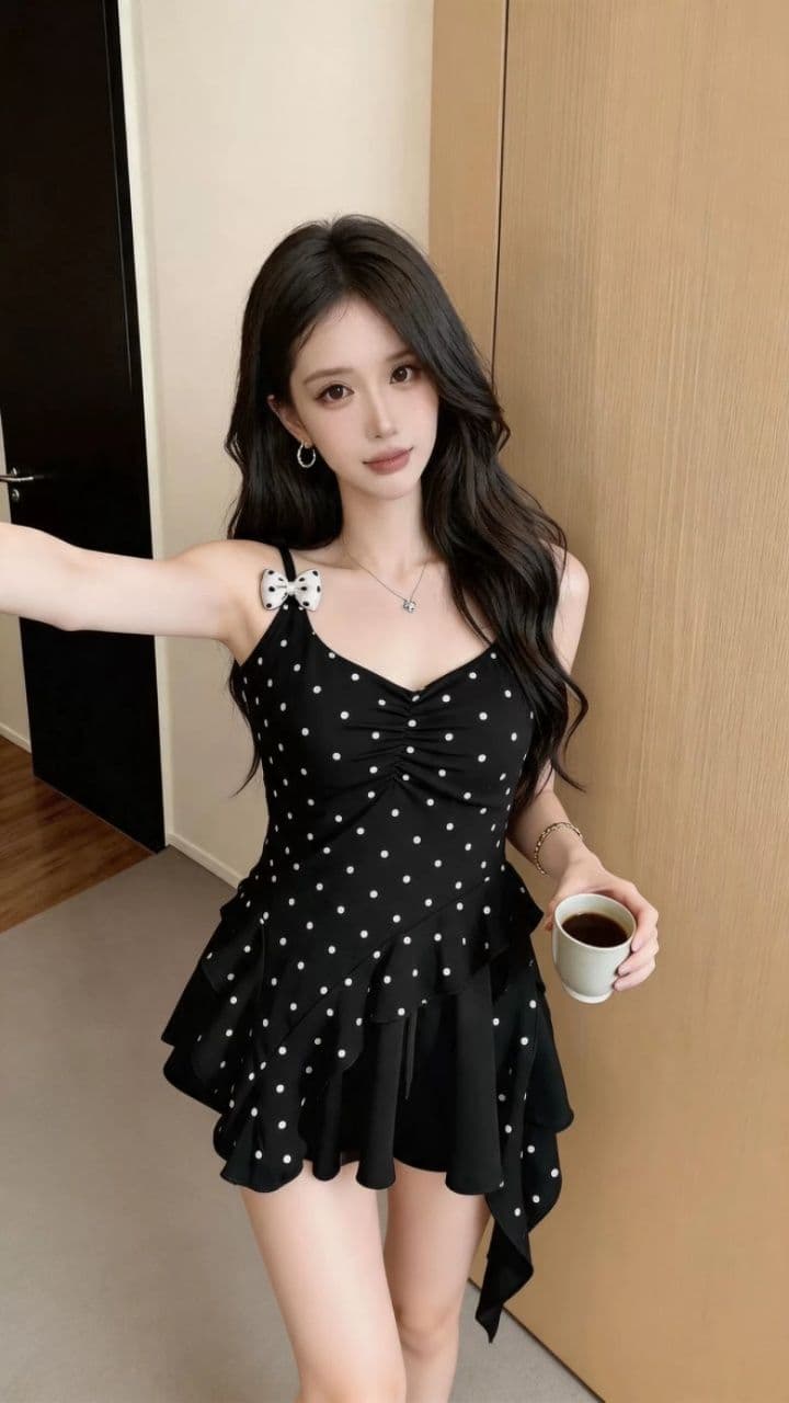 핫걸 순수한 욕망 바람 섹시함 패션 도트 무늬 프릴 캐미솔 불규칙 밑단 디자인 센스 맨위 상세 이미지 17