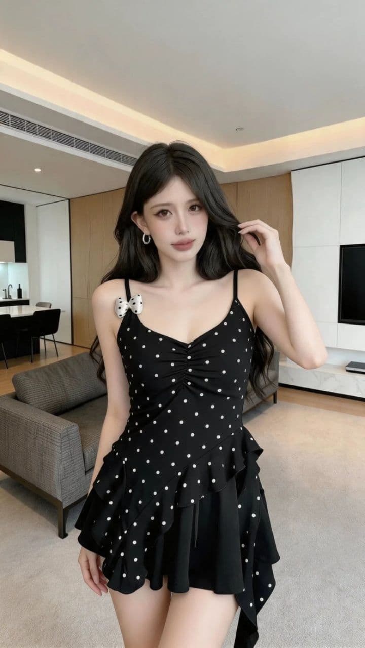 핫걸 순수한 욕망 바람 섹시함 패션 도트 무늬 프릴 캐미솔 불규칙 밑단 디자인 센스 맨위 상세 이미지 18