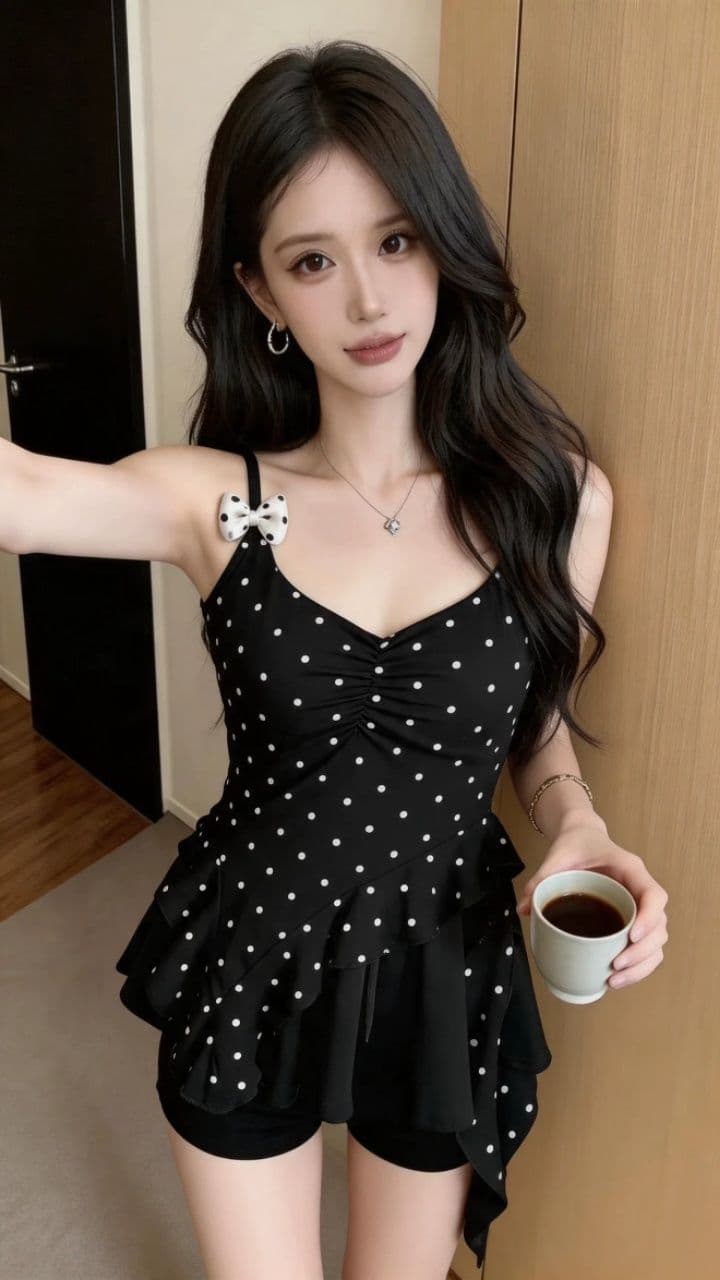 핫걸 순수한 욕망 바람 섹시함 패션 도트 무늬 프릴 캐미솔 불규칙 밑단 디자인 센스 맨위 상세 이미지 21
