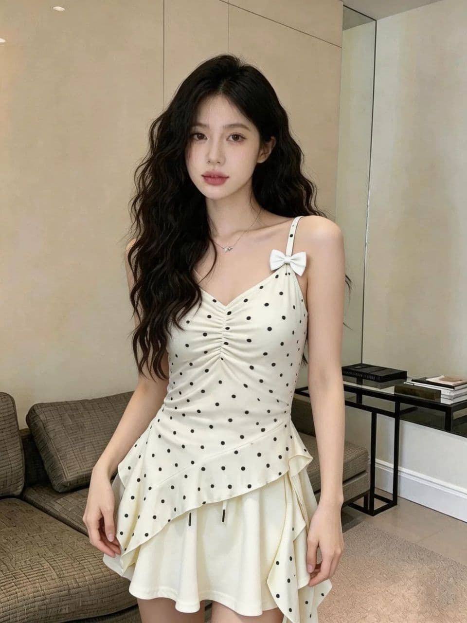 핫걸 순수한 욕망 바람 섹시함 패션 도트 무늬 프릴 캐미솔 불규칙 밑단 디자인 센스 맨위 상세 이미지 23
