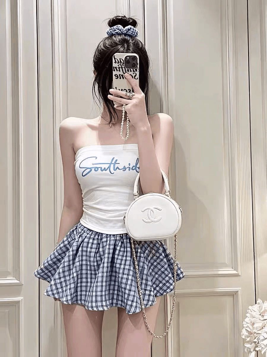 여름 새로운 핫걸 바람 알파벳 프린트 패치워크 튜브탑 조끼 몸매 가꾸기 슬림해 보이는 원피스 벨트 가슴 패드 의류 여성 상세 이미지 3