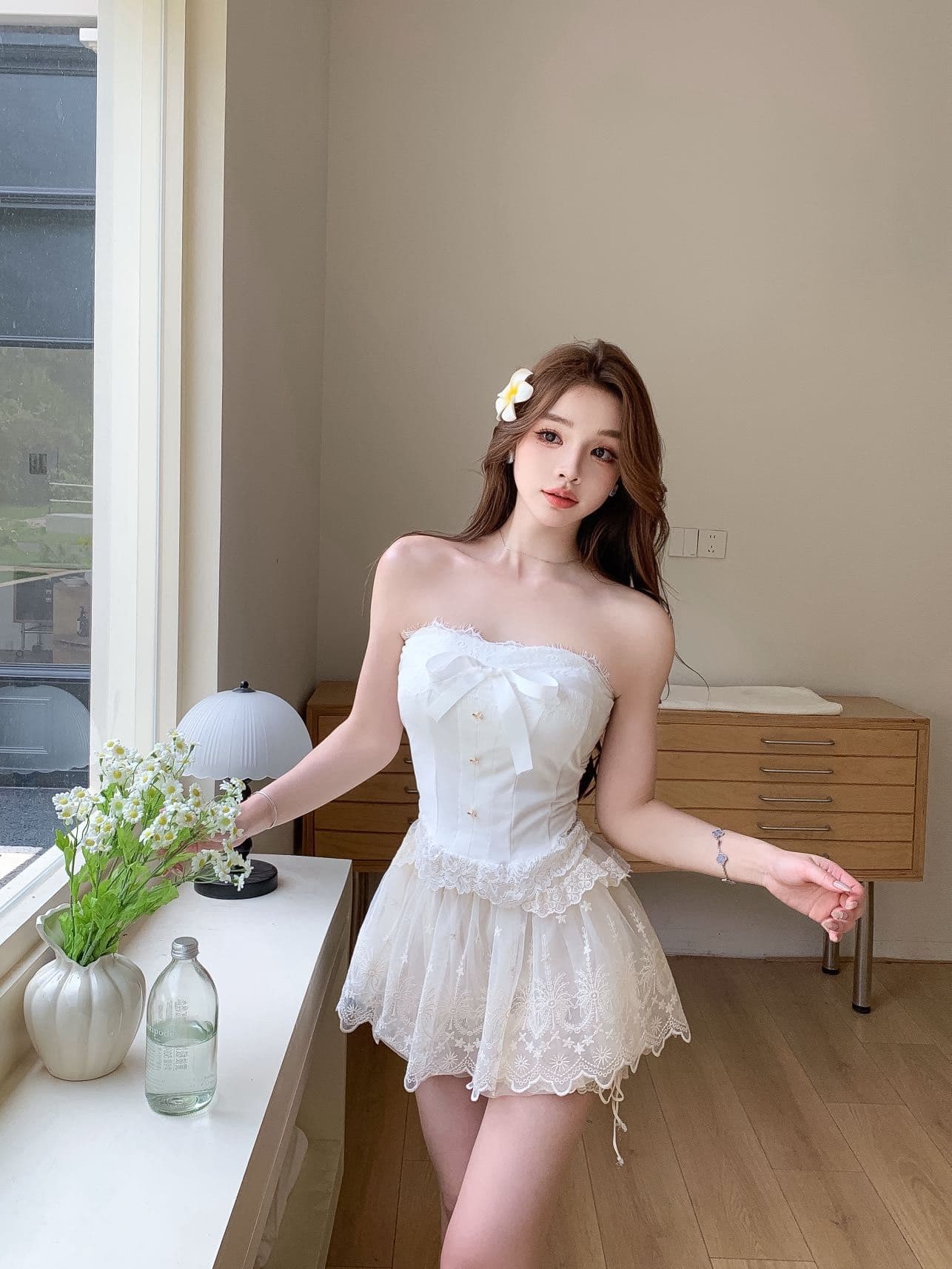 순수한 욕망 바람 오프숄더 나비 매듭 튜브탑 레이스 레이스 조끼 여성 의류 디자인 허리 수축 생선뼈 벨트 가슴 패드 상세 이미지 4