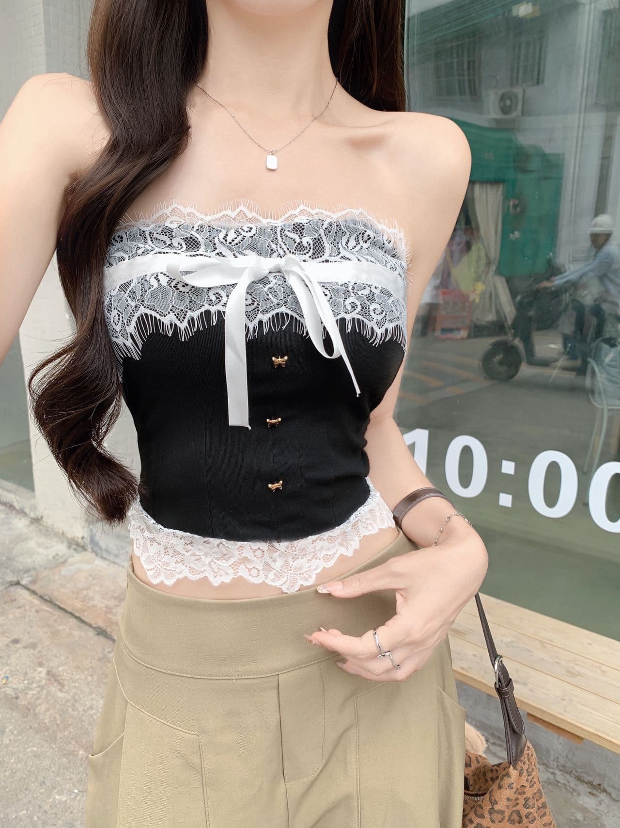 순수한 욕망 바람 오프숄더 나비 매듭 튜브탑 레이스 레이스 조끼 여성 의류 디자인 허리 수축 생선뼈 벨트 가슴 패드 상세 이미지 7