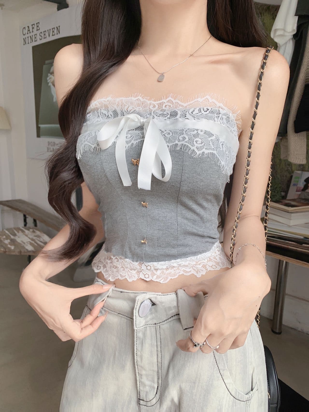 순수한 욕망 바람 오프숄더 나비 매듭 튜브탑 레이스 레이스 조끼 여성 의류 디자인 허리 수축 생선뼈 벨트 가슴 패드 상세 이미지 8