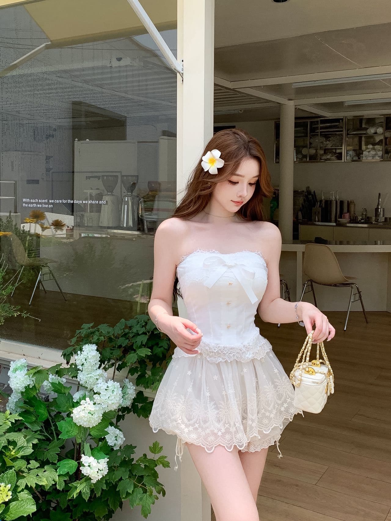 순수한 욕망 바람 오프숄더 나비 매듭 튜브탑 레이스 레이스 조끼 여성 의류 디자인 허리 수축 생선뼈 벨트 가슴 패드 상세 이미지 9