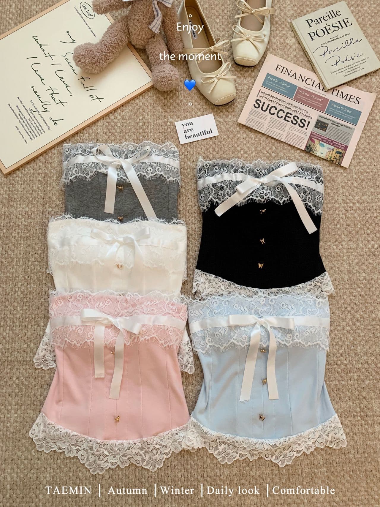 순수한 욕망 바람 오프숄더 나비 매듭 튜브탑 레이스 레이스 조끼 여성 의류 디자인 허리 수축 생선뼈 벨트 가슴 패드 상세 이미지 12