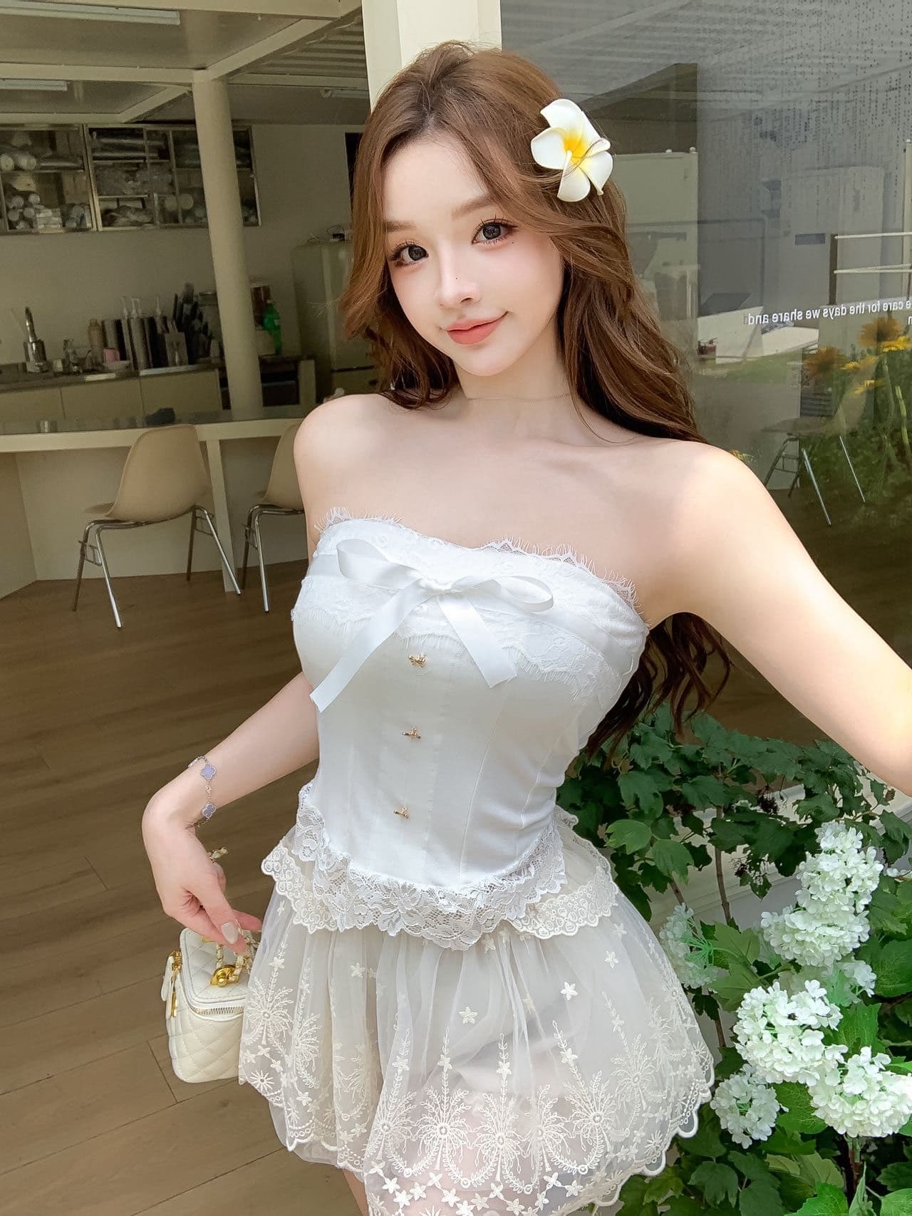 순수한 욕망 바람 오프숄더 나비 매듭 튜브탑 레이스 레이스 조끼 여성 의류 디자인 허리 수축 생선뼈 벨트 가슴 패드 상세 이미지 13