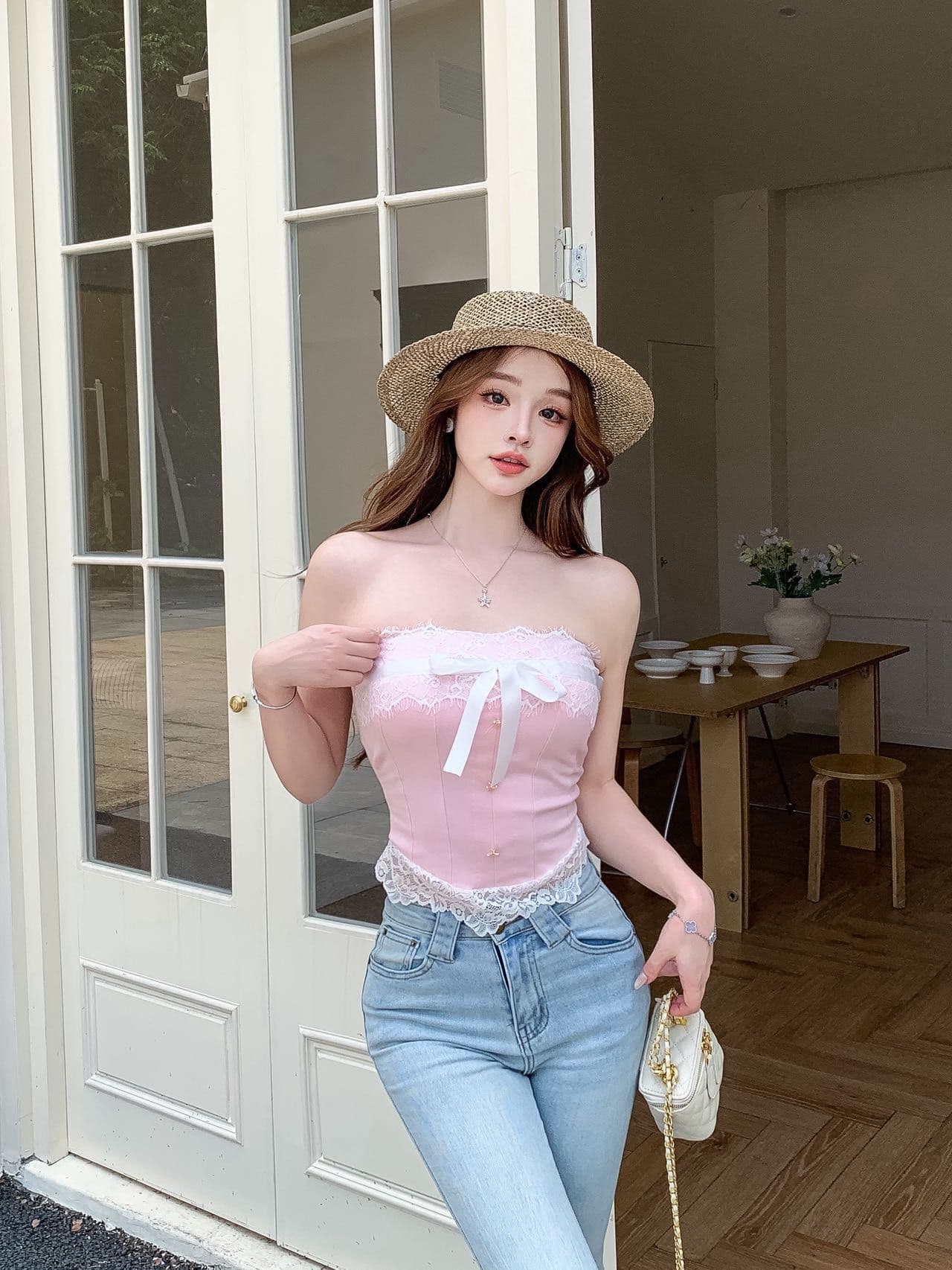 순수한 욕망 바람 오프숄더 나비 매듭 튜브탑 레이스 레이스 조끼 여성 의류 디자인 허리 수축 생선뼈 벨트 가슴 패드 상세 이미지 16