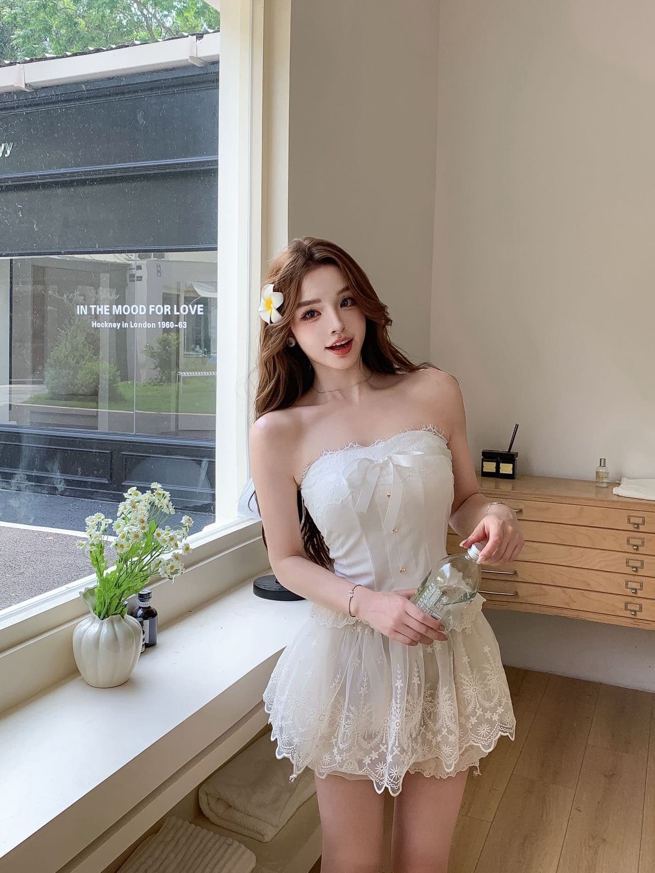 순수한 욕망 바람 오프숄더 나비 매듭 튜브탑 레이스 레이스 조끼 여성 의류 디자인 허리 수축 생선뼈 벨트 가슴 패드 상세 이미지 17