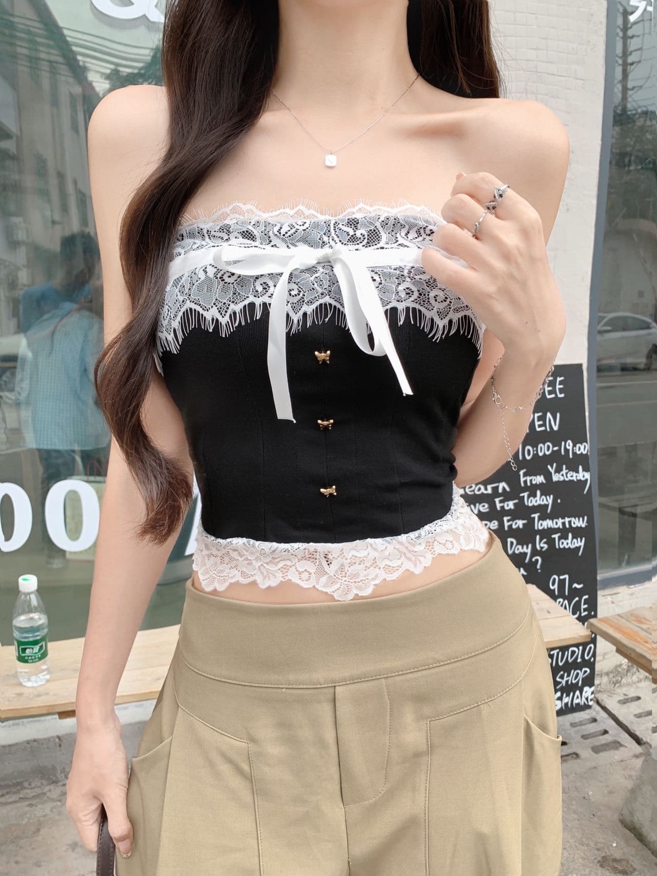 순수한 욕망 바람 오프숄더 나비 매듭 튜브탑 레이스 레이스 조끼 여성 의류 디자인 허리 수축 생선뼈 벨트 가슴 패드 상세 이미지 19