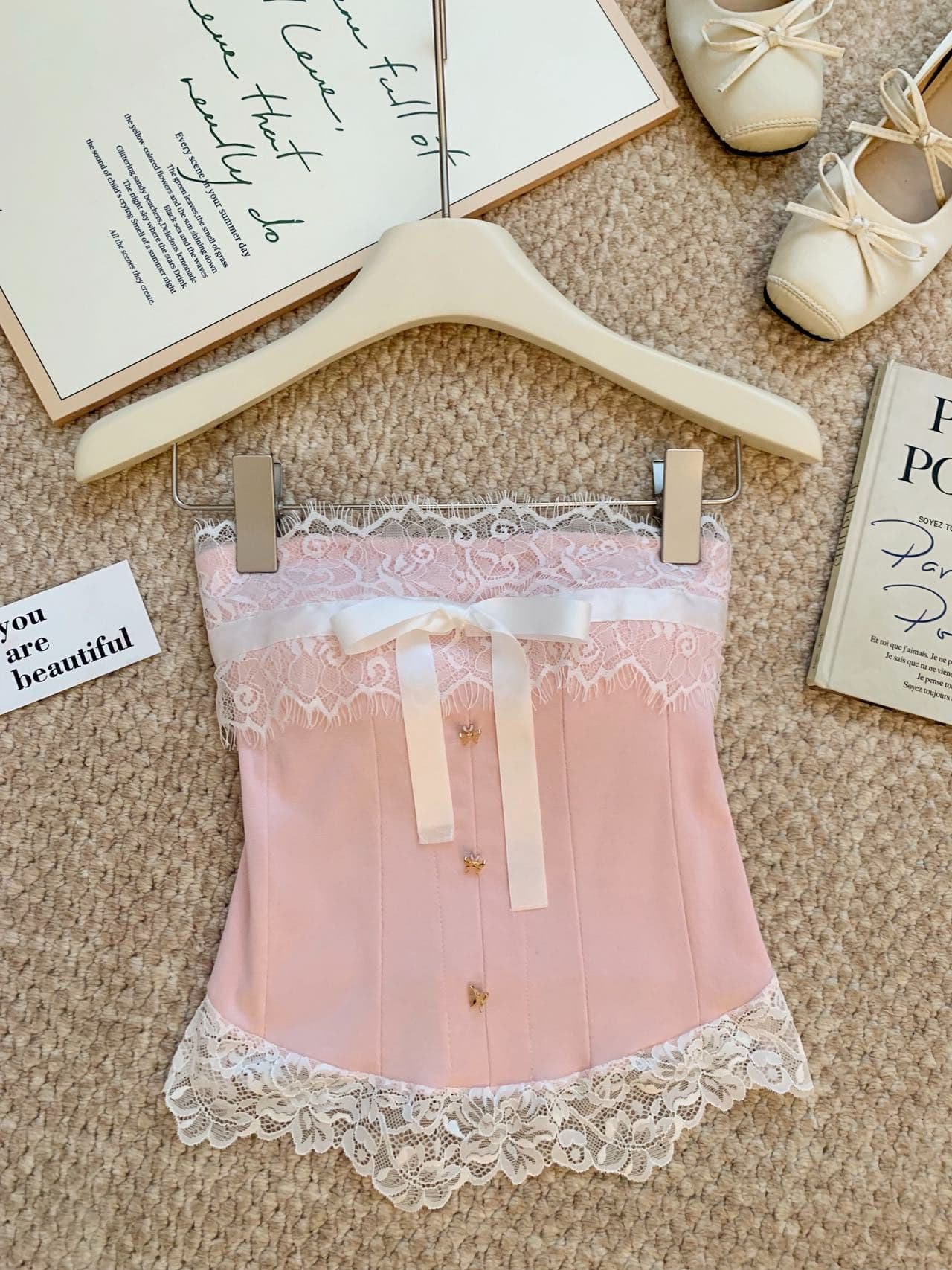 순수한 욕망 바람 오프숄더 나비 매듭 튜브탑 레이스 레이스 조끼 여성 의류 디자인 허리 수축 생선뼈 벨트 가슴 패드 상세 이미지 26