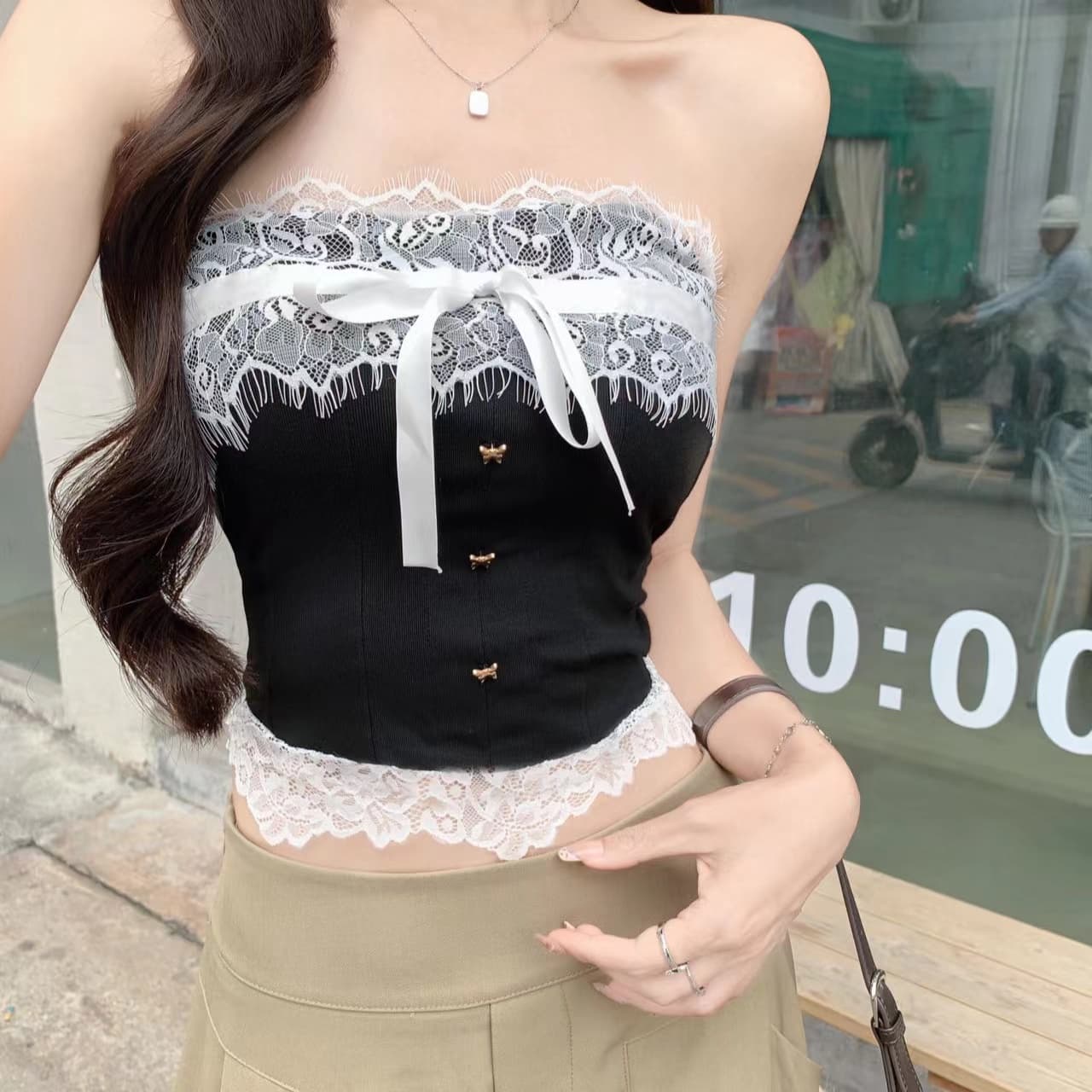 순수한 욕망 바람 오프숄더 나비 매듭 튜브탑 레이스 레이스 조끼 여성 의류 디자인 허리 수축 생선뼈 벨트 가슴 패드 상세 이미지 32