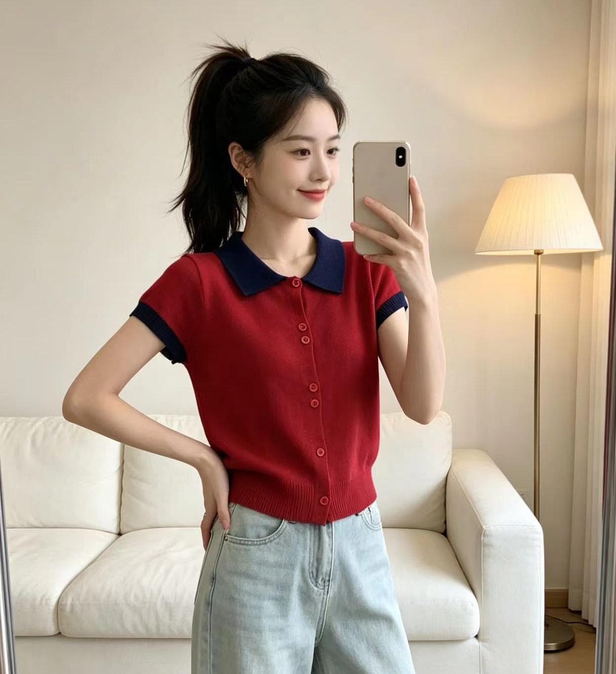 부드러운 바람 패치워크 색상 반팔 니트 스웨터 여성 여름 루즈핏 캐주얼 맨위 카디건 코트 보다 작은 서울 주간 실크 티셔츠 상세 이미지 16