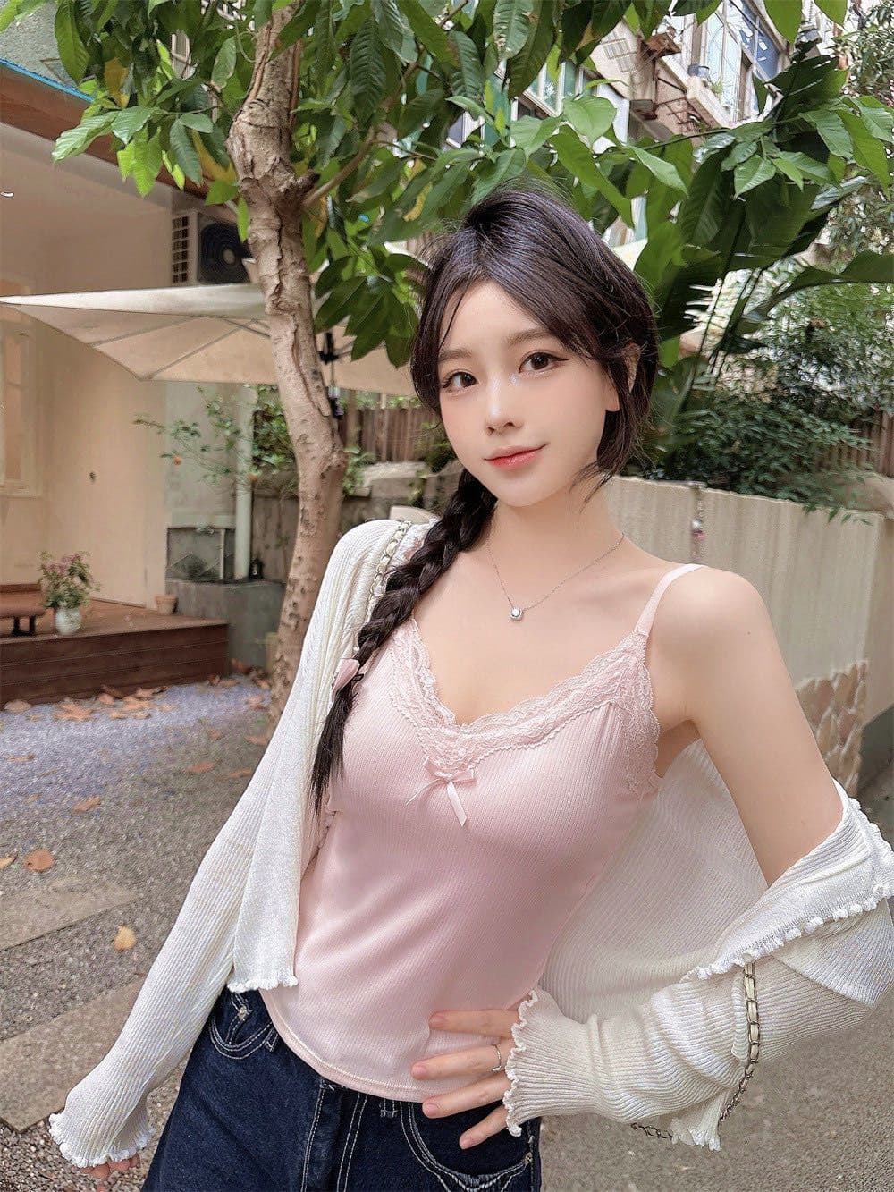 프랑스식 수 있습니다. 조정 벨트 가슴 패드 순수한 욕망 레이스 V넥 캐미솔 봄 외국 가스 맨위 인사이드 가져 가라. 기본 셔츠 상세 이미지 6