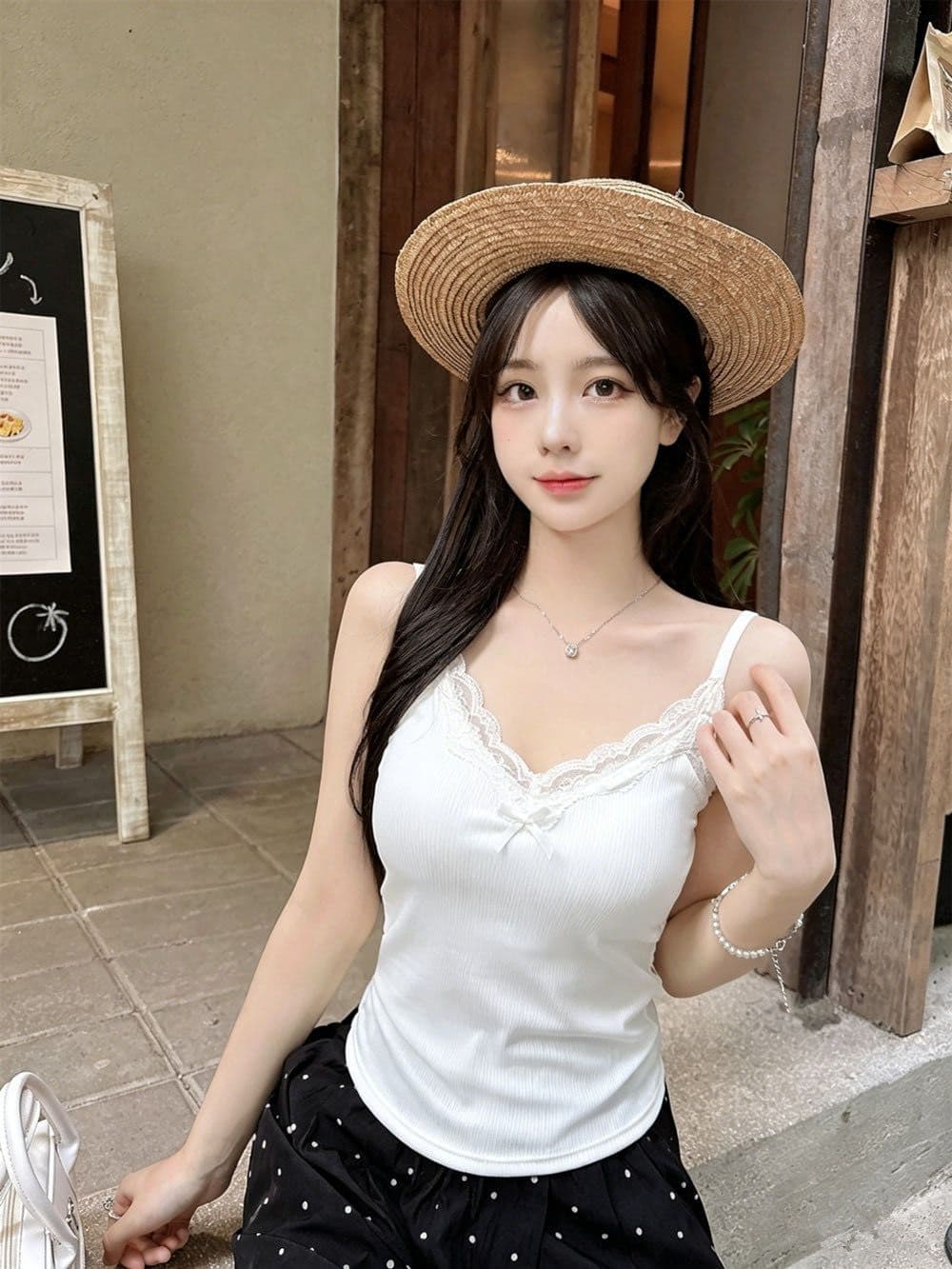 프랑스식 수 있습니다. 조정 벨트 가슴 패드 순수한 욕망 레이스 V넥 캐미솔 봄 외국 가스 맨위 인사이드 가져 가라. 기본 셔츠 상세 이미지 13