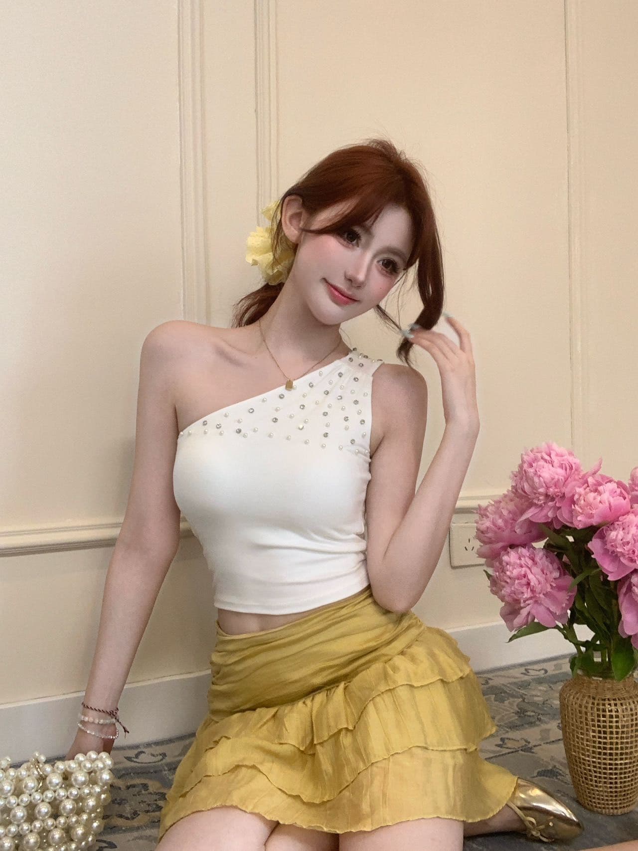 단색 핫픽스 비스듬한 어깨 캐미솔 여름 순수한 욕망 디자인 센스 핫걸 몸매 가꾸기 오프숄더 쇼트 스타일 맨위 외출용 상세 이미지 8