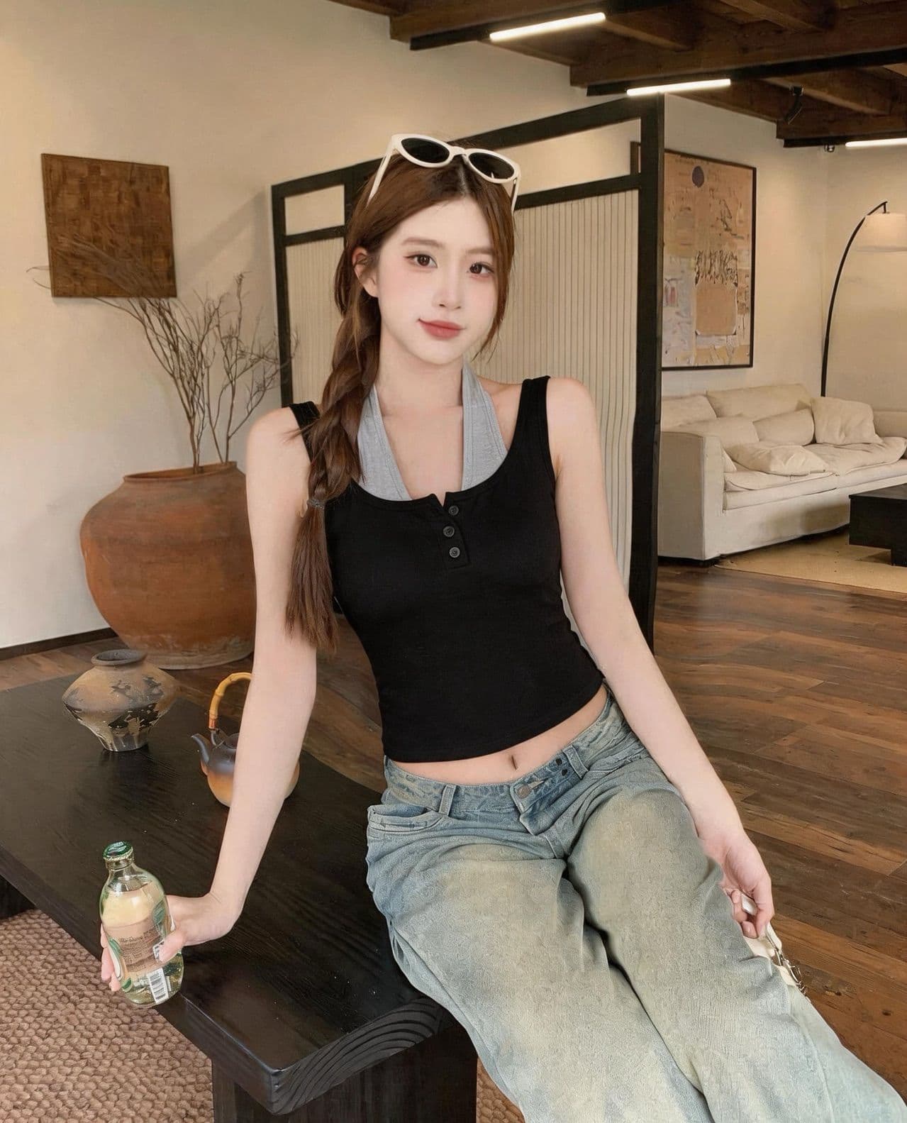 순수한 욕망 한 부서 페이크 레이어드 행침 목 조끼 슬림해 보이는 다용도 나만의 것을 가져와 라. 가슴 패드 상세 이미지 4