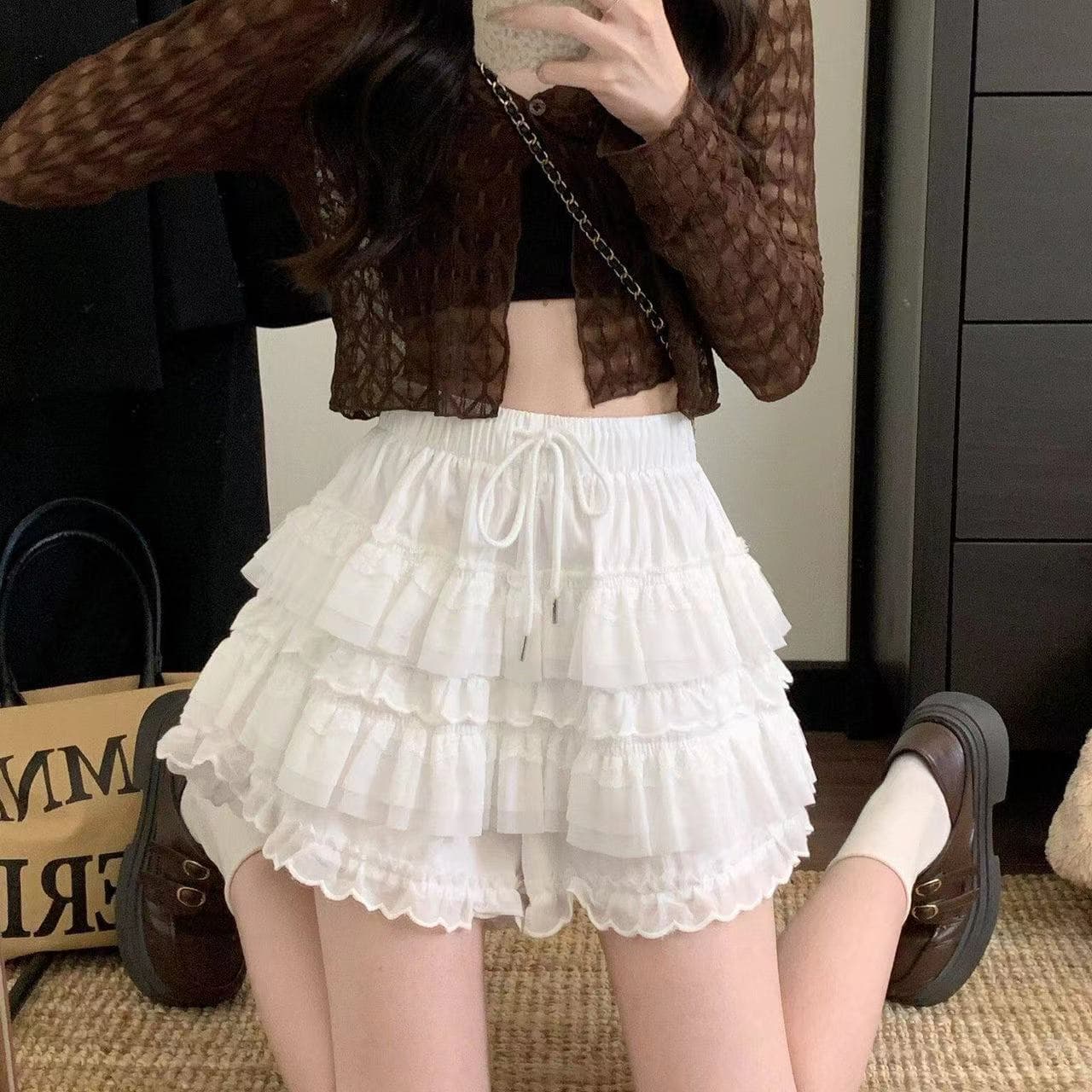 달콤한 스타일 레이스 측면 케이크 바지 펌프 로프 캐주얼 바지 여성 새로운 하이웨이스트 슬림해 보이는 치마바지 다용도 한 마디 반바지 상세 이미지 2
