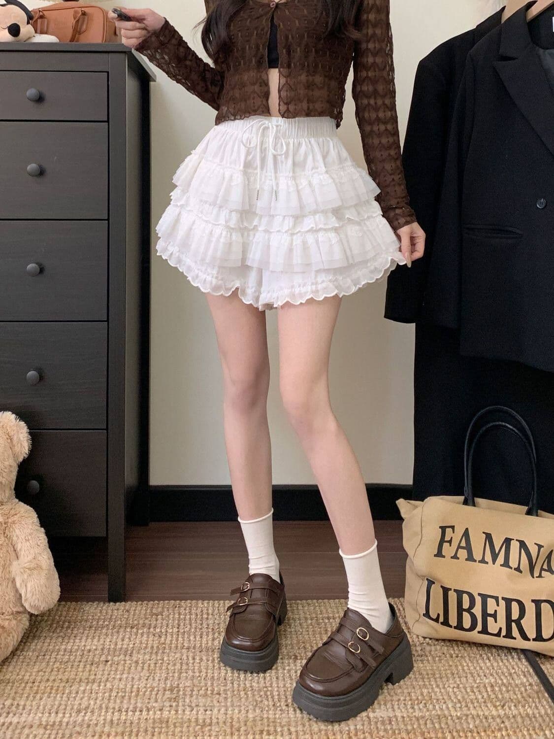 달콤한 스타일 레이스 측면 케이크 바지 펌프 로프 캐주얼 바지 여성 새로운 하이웨이스트 슬림해 보이는 치마바지 다용도 한 마디 반바지 상세 이미지 7