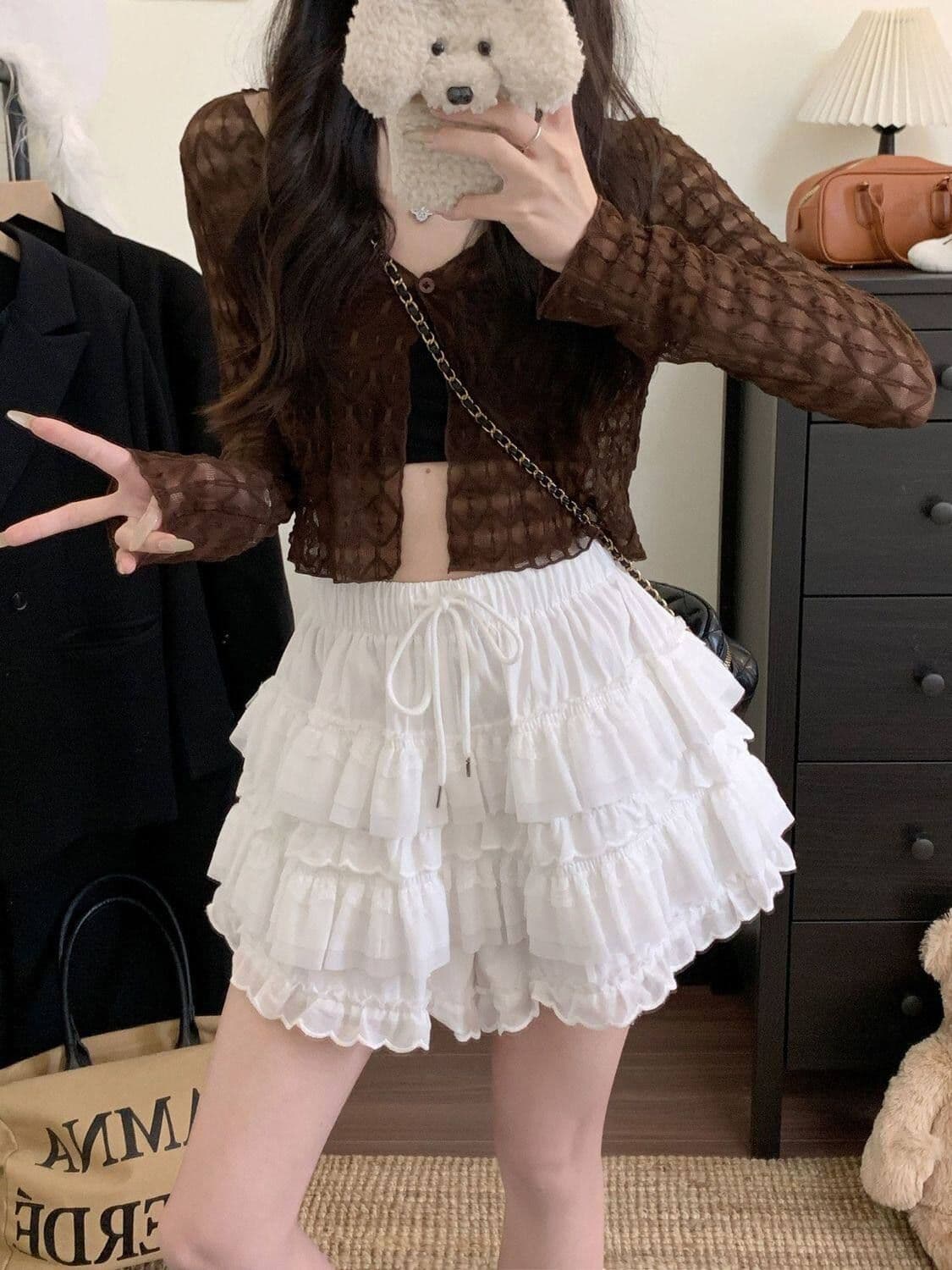 달콤한 스타일 레이스 측면 케이크 바지 펌프 로프 캐주얼 바지 여성 새로운 하이웨이스트 슬림해 보이는 치마바지 다용도 한 마디 반바지 상세 이미지 14